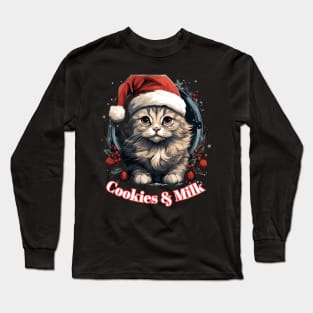 Cookies & Milk - Christmas Cat - Winter Holiday Long Sleeve T-Shirt